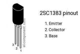 2SC1383 NPN Transistor - shown as a black, semi-circular component with three downward-facing metal pins and a pinout diagram labeled 1, 2, and 3.