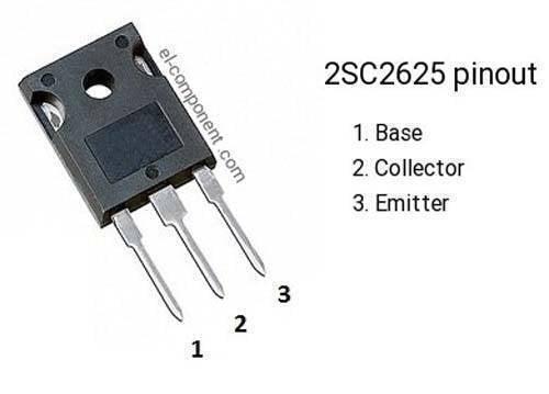 2SC2625 Transistor - shown in a black, three-pin TO-3P package with a diagram labeling the pins as Base, Collector, and Emitter.