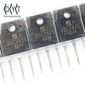 2SC2625 Transistor - a close-up shot of three black, rectangular electronic components with metal pins, arranged in a row inside a clear plastic sleeve.