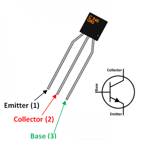 2SC945 C945 50V 0.15A Bipolar NPN Transistor - the black body with C945 GR3 text and a diagram indicating the Emitter, Collector, and Base pin assignments.