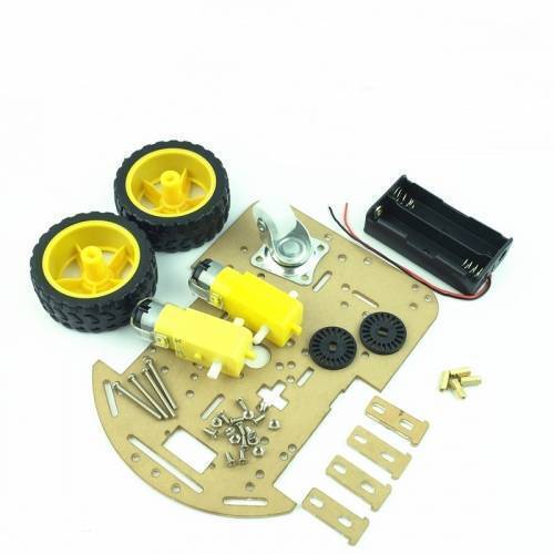 2wd DIY Transparent Motor Smart Robot Car Chassis Kit - a disassembled set including a chassis plate, two yellow motors, two wheels, and hardware.