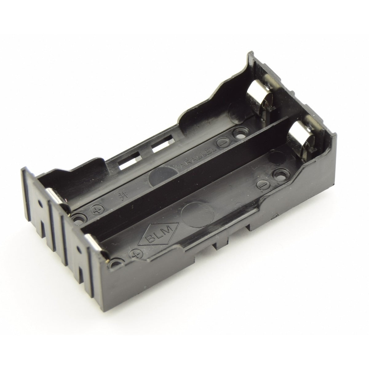 2x 18650 Battery Holder For PCB | Secure Battery Mount - a black plastic dual-slot battery mount with metal contact springs and printed "PARALLEL" and "BLM" markings.