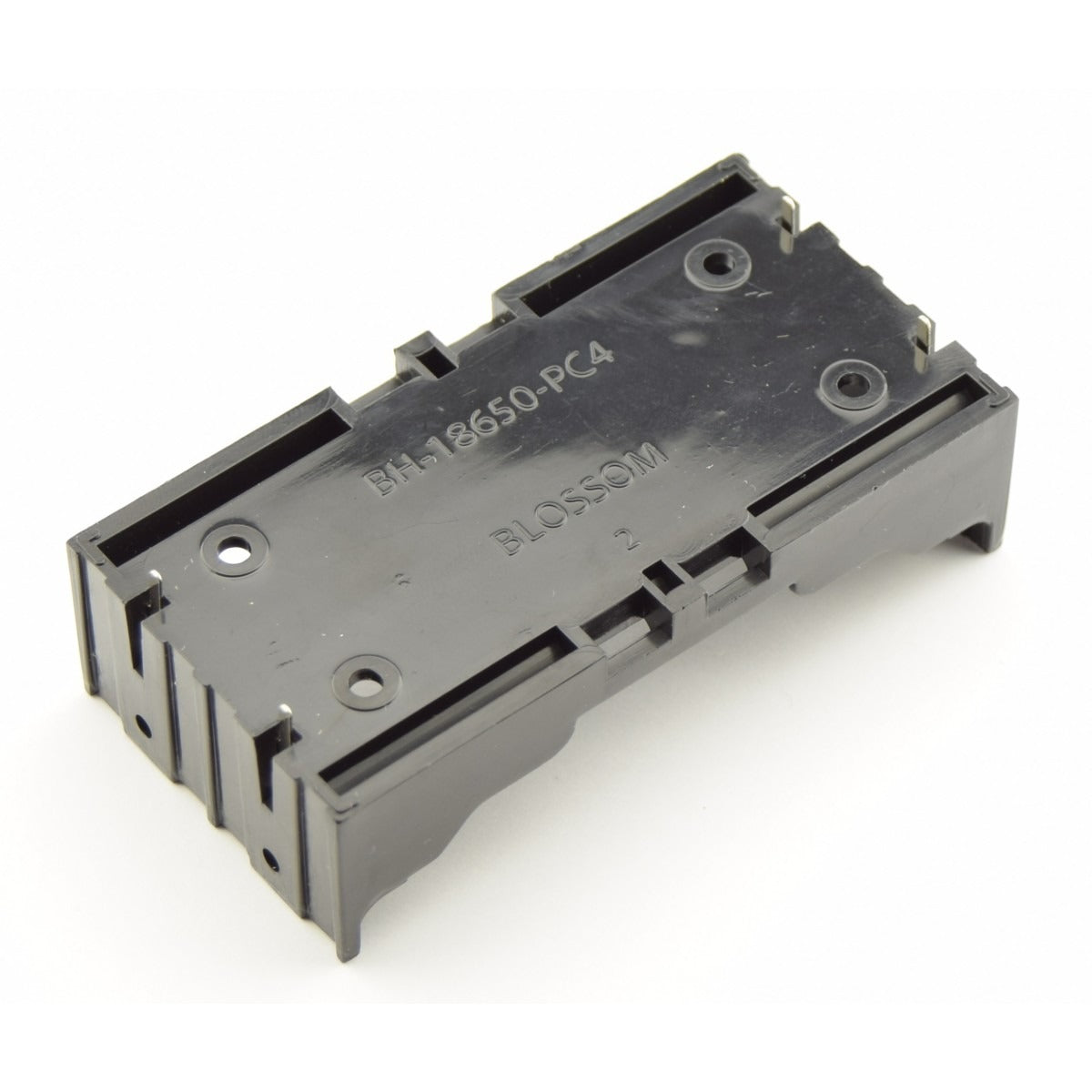 2x 18650 Battery Holder For PCB | Secure Battery Mount - a black plastic dual-cell mounting bracket with four metal pins for through-hole soldering.