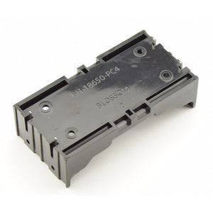 2x 18650 Battery Holder For PCB | Secure Battery Mount - a black plastic dual-cell mounting bracket with four metal pins for through-hole soldering.