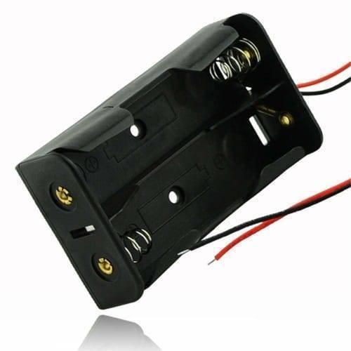 2x 18650 Cell Battery Holder - a black plastic dual-slot battery case with metal spring contacts and red and black wire leads.