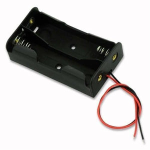 2x 18650 Cell Battery Holder - a black plastic dual-slot battery case with metal spring contacts and red and black wire leads.