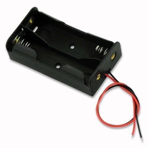2x 18650 Cell Battery Holder - a black plastic dual-slot battery case with metal spring contacts and red and black wire leads.