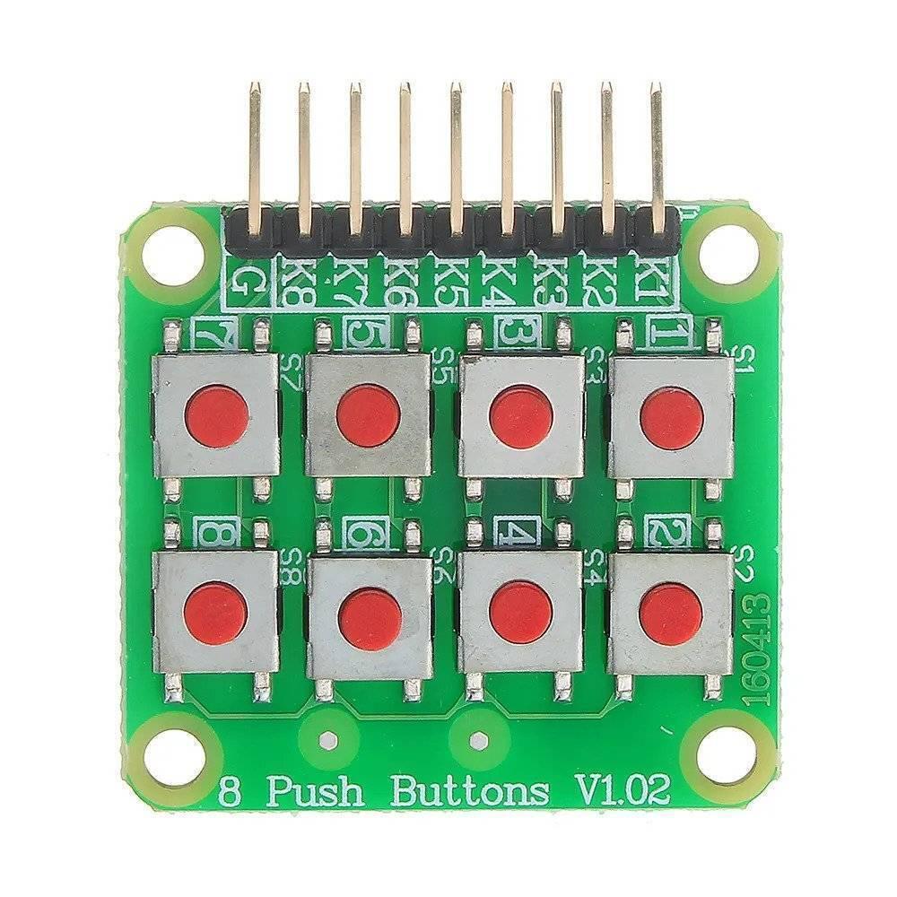2x4 Matrix Keyboard 8 Pushbutton Keypad V1.02 Expansion Module For Arduino - a green circuit board featuring eight red push buttons and a nine-pin header connector.