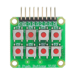 2x4 Matrix Keyboard 8 Pushbutton Keypad V1.02 Expansion Module For Arduino - a green circuit board featuring eight red push buttons and a nine-pin header connector.