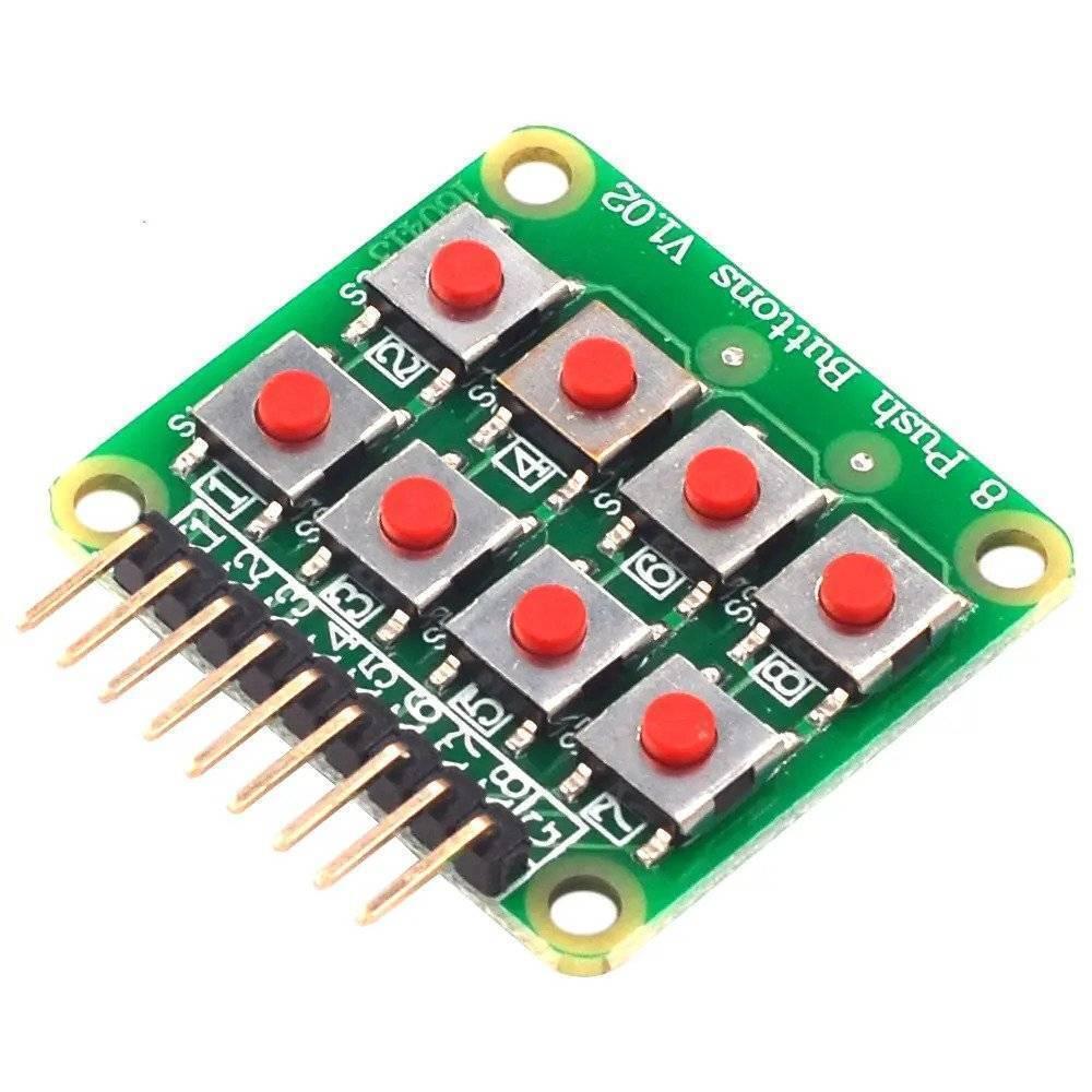 2x4 Matrix Keyboard 8 Pushbutton Keypad V1.02 Expansion Module For Arduino - a green rectangular circuit board with eight red push buttons and a single row of nine gold header pins.