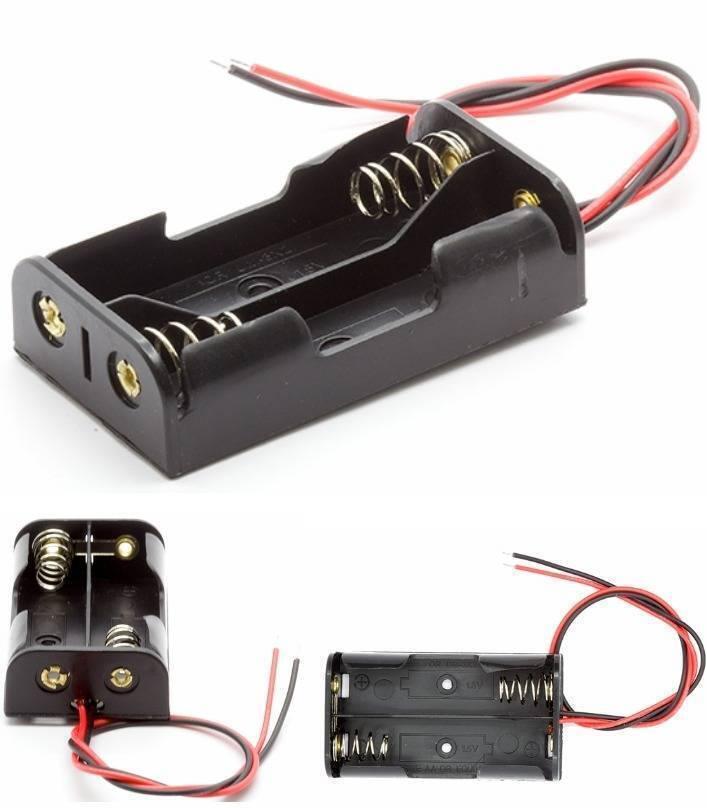2xaa Battery Cell Holder Square Case Housing - shown from three angles as a black plastic enclosure with metal springs and red and black wire leads.