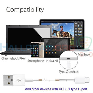 3.1 Type c Data Fast Charging Cable - shown with a white USB-A to USB-C cable, a close-up of a Type-C port, and various laptops, tablets, and smartphones.