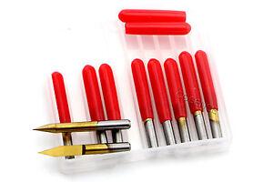 3.175mm Carbide PCB Engraving Bits CNC Router Tool 30 Degree 0.2mm - shown as a set of metal bits with red protective caps in a clear plastic storage case.