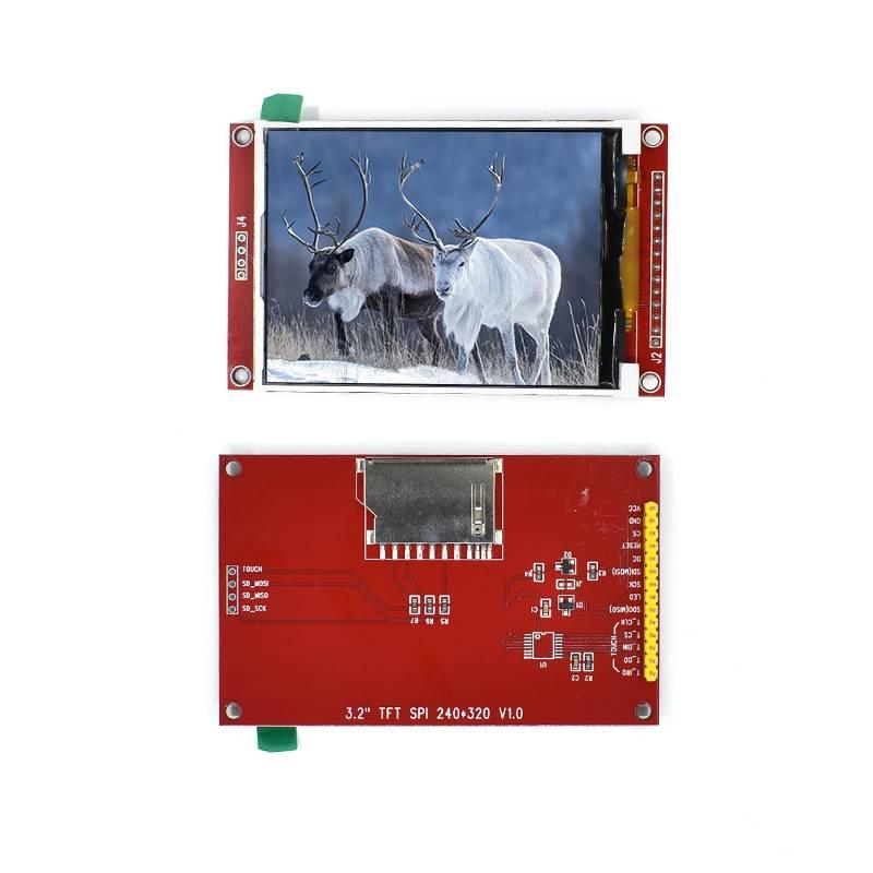3.2 Inch 320*240 SPI Serial TFT LCD Module Display Screen Without Touch Panel Driver IC ILI9341 For MCU - the front display with a reindeer image and the red back circuit board with an SD card slot and pins.