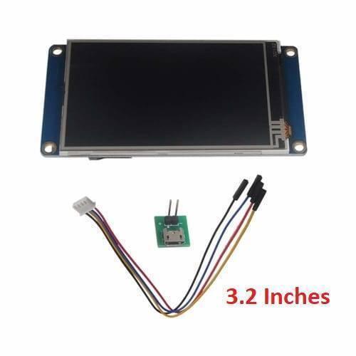 3.2 Inch Nextion TFT HMI LCD Touchscreen NX4024T032 - shown with a black rectangular display module, a small micro-USB breakout board, and a wiring harness.