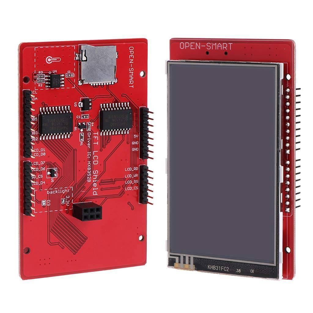3.2 Inch TFT LCD Display Module Touch Screen Shield - shown from both the front with its screen and the back with its red PCB, ports, and SD card slot.