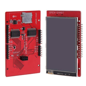 3.2 Inch TFT LCD Display Module Touch Screen Shield - shown from both the front with its screen and the back with its red PCB, ports, and SD card slot.