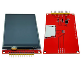 3.2 Inch TFT LCD Screen Display SPI Module With Touch Panel - 320x240 RGB ILI9341 | Digilog.pk - front view of the blank screen and rear view of the red PCB with a card slot and header pins.