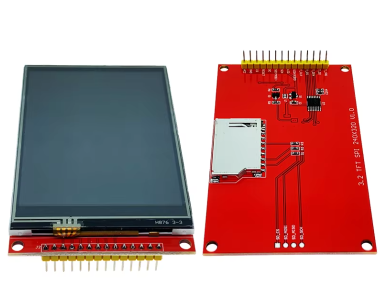 3.2 Inch TFT LCD Screen Display SPI Module With Touch Panel - 320x240 RGB ILI9341 | Digilog.pk - front view of the blank screen and rear view of the red PCB with a card slot and header pins.