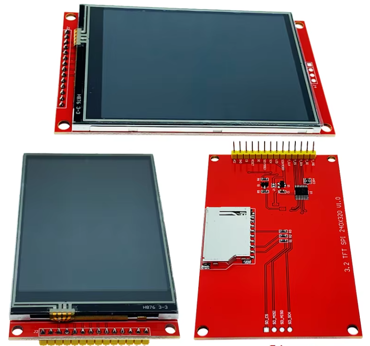 3.2 Inch TFT LCD Screen Display SPI Module With Touch Panel - 320x240 RGB ILI9341 | Digilog.pk - three views of the red circuit board featuring a screen, a SD card slot, and a row of gold pins.