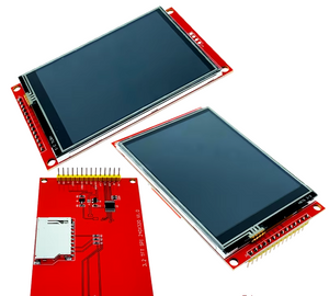 3.2 Inch TFT LCD Screen Display SPI Module With Touch Panel - 320x240 RGB ILI9341 | Digilog.pk - three red circuit boards with screens, one displaying the back with a memory card slot and header pins.