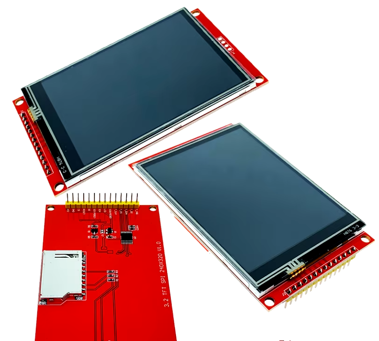 3.2 Inch TFT LCD Screen Display SPI Module With Touch Panel - 320x240 RGB ILI9341 | Digilog.pk - three red circuit boards with screens, one displaying the back with a memory card slot and header pins.