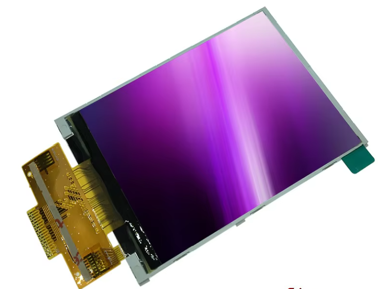 3.2 Inch TFT LCD Screen Display SPI Module With Touch Panel - 320x240 RGB ILI9341 | Digilog.pk - a purple and white abstract gradient on the screen and a flexible orange ribbon cable.