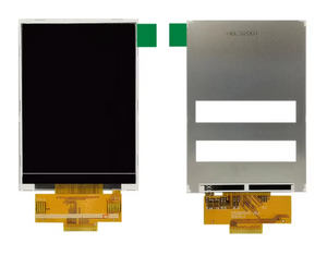 3.2 Inch TFT LCD Screen Display SPI Module With Touch Panel - 320x240 RGB ILI9341 | Digilog.pk - front and back view of the black rectangular screen with a flexible orange ribbon cable connector.