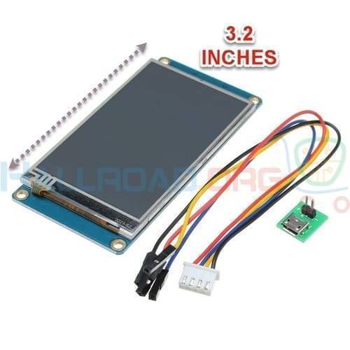 3.2 Inch Tjc TFT HMI LCD Touchscreen - shown with a black display, blue circuit board, a multi-colored wire harness, and a small green adapter board.