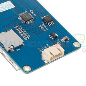 3.2 Inch Tjc TFT HMI LCD Touchscreen - a close-up view of the blue circuit board showing a white connector port, a micro SD card slot, and chips.