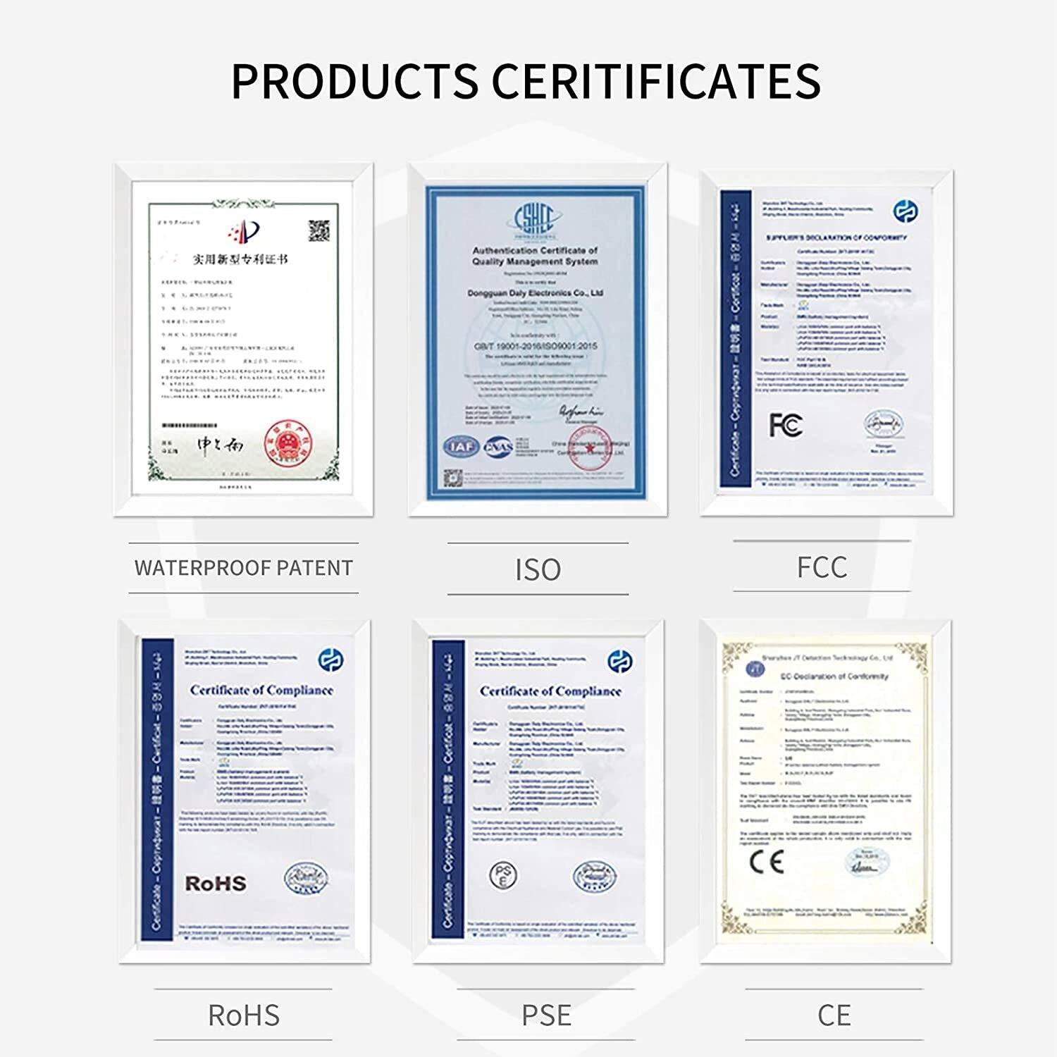 3.2V Daly BMS LiFePO4 4s 12V 60A PCB Protection Board With Common Connection Lithium Batteries With 3.2V DIY Power Tools - collection of six framed product certificates including ISO, FCC, RoHS, PSE, and CE standards.