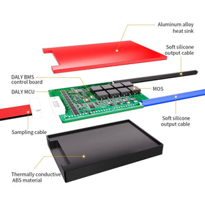 3.2V Daly BMS LiFePO4 4s 12V 60A PCB Protection Board With Common Connection Lithium Batteries With 3.2V DIY Power Tools - shown in an exploded view with its circuit board, red heat sink, black casing, and silicone cables.