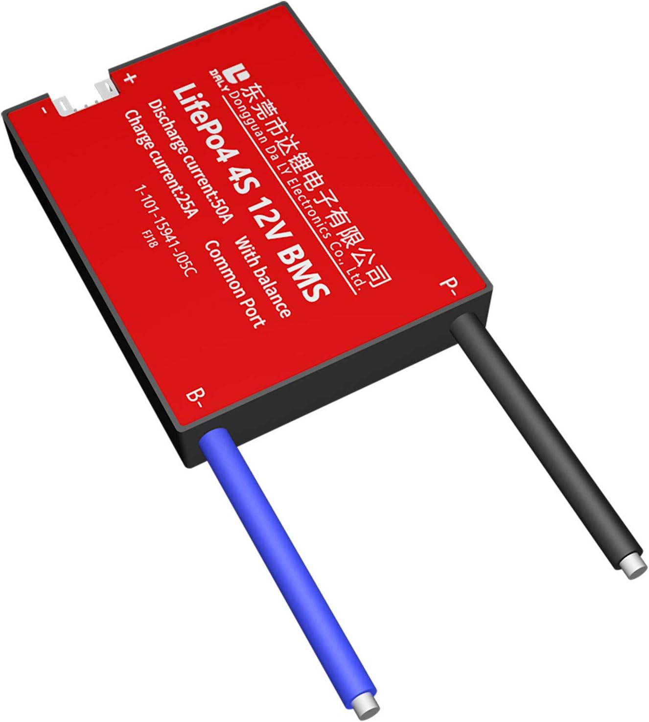 3.2vdc Common Port Daly BMS 4s 12V 50A LiFePO4 Battery Protection Module - a red rectangular device with a white connector, a blue wire labeled B-, and a black wire labeled P-.
