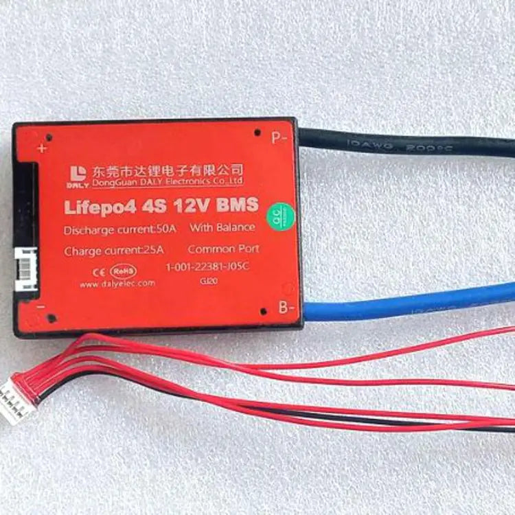3.2vdc Common Port Daly BMS 4s 12V 50A LiFePO4 Battery Protection Module - a rectangular red device with a white balance connector and attached wires.
