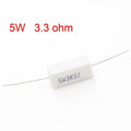 3.3 Ohm 5W - a white rectangular cement resistor with two metal wire leads and the text "5W3R3J" printed on its side.