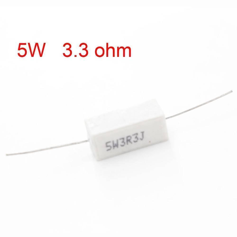 3.3 Ohm 5W - a white rectangular cement resistor with two metal wire leads and the text "5W3R3J" printed on its side.