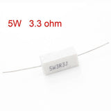 3.3 Ohm 5W - a white rectangular cement resistor with two metal wire leads and the text "5W3R3J" printed on its side.