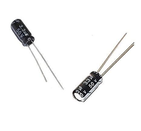 3.3 uf 50V Electrolytic Capacitor - two black cylindrical capacitors with two metal leads each, labeled with their capacitance and voltage ratings.