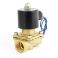 3/4 inch 12VDC Solenoid Valve Normally Closed - a brass threaded body, a black cylindrical solenoid coil, and two blue electrical wires.