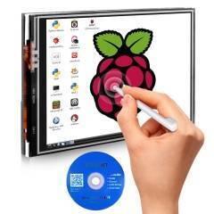 3.5 Inch 480x320 RGB TFT LCD Pixels Touch Screen With Touch Pen For Raspberry Pi - a hand using a stylus on a screen displaying a Raspberry Pi logo and icons, with a CD.