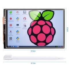 3.5 Inch 480x320 RGB TFT LCD Pixels Touch Screen With Touch Pen For Raspberry Pi - white touch pen, showing a Raspberry Pi desktop interface and dimension labels.