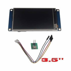 3.5 Inch Nextion TFT HMI LCD Touchscreen NX4832T035 - shown with a black rectangular display, a small green micro-USB adapter board, and a multi-wire cable.
