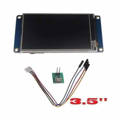 3.5 Inch Nextion TFT HMI LCD Touchscreen NX4832T035 - shown with a black rectangular display, a small green micro-USB adapter board, and a multi-wire cable.