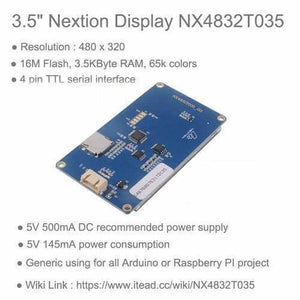 3.5 Inch Nextion TFT HMI LCD Touchscreen NX4832T035 - shown from the blue back side, featuring a white connector, a memory card slot, and printed text.