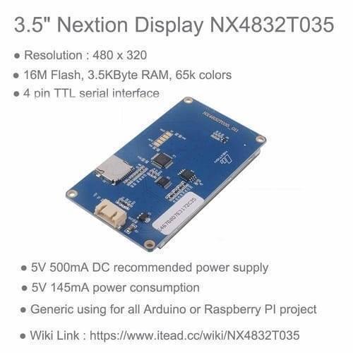 3.5 Inch Nextion TFT HMI LCD Touchscreen NX4832T035 - shown from the blue back side, featuring a white connector, a memory card slot, and printed text.