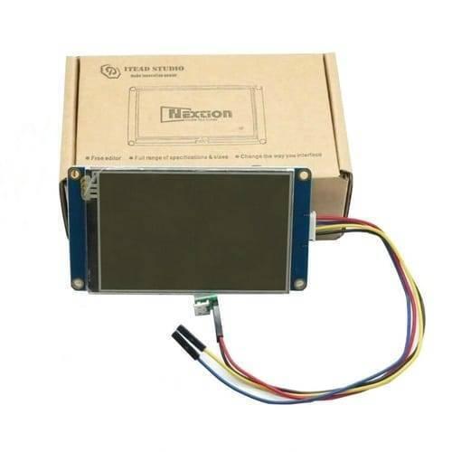 3.5 Inch Nextion TFT HMI LCD Touchscreen NX4832T035 - shown with its cardboard box, a blue circuit board with a dark screen, and a multi-colored wire harness.