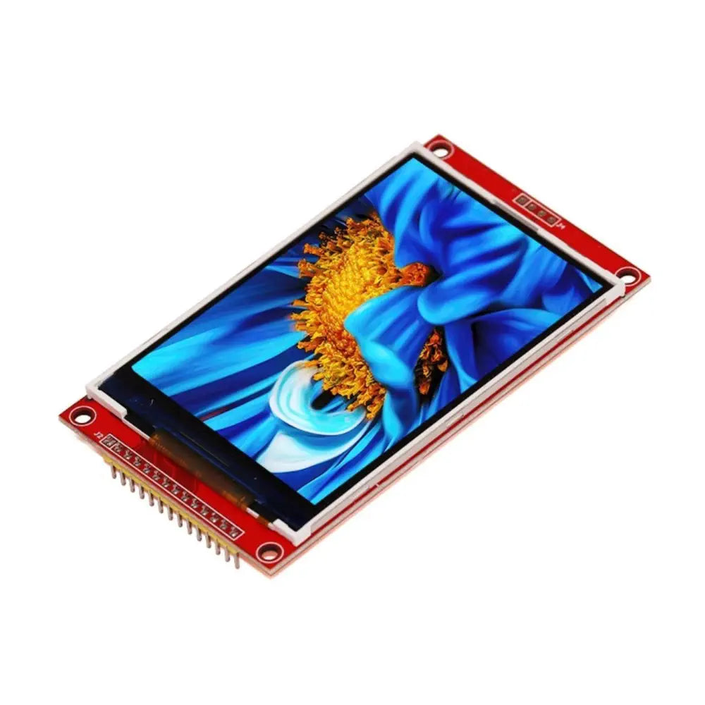 3.5 inch TFT LCD ILI9488 module angled view displaying a blue and yellow flower image