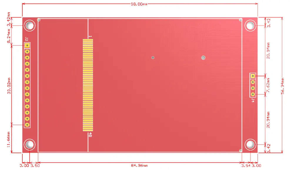3.5 inch TFT LCD ILI9488 module PCB dimensions and mounting hole layout