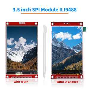 3.5 Inch TFT LCD Module With Touch Panel ILI9488 Driver 320x480 SPI Port Serial Interface (9 Io) Touch IC XPT2046 - displays two red-framed TFT screens showing a mountain landscape, one with a touch panel and stylus, one without.
