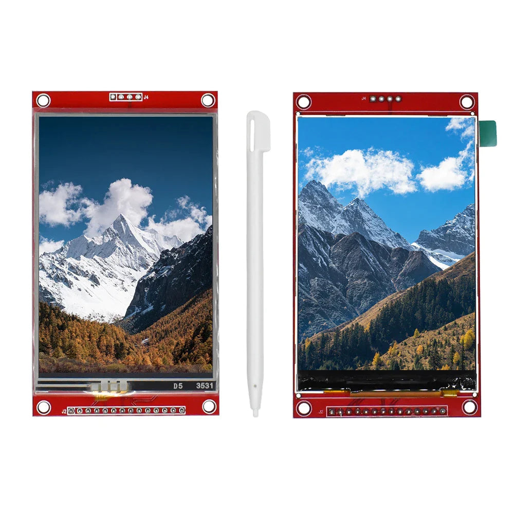 3.5 Inch TFT LCD Module With Touch Panel ILI9488 Driver 320x480 SPI Port Serial Interface (9 Io) Touch IC XPT2046 - two red circuit boards displaying a mountain landscape and a white stylus pen placed between them.
